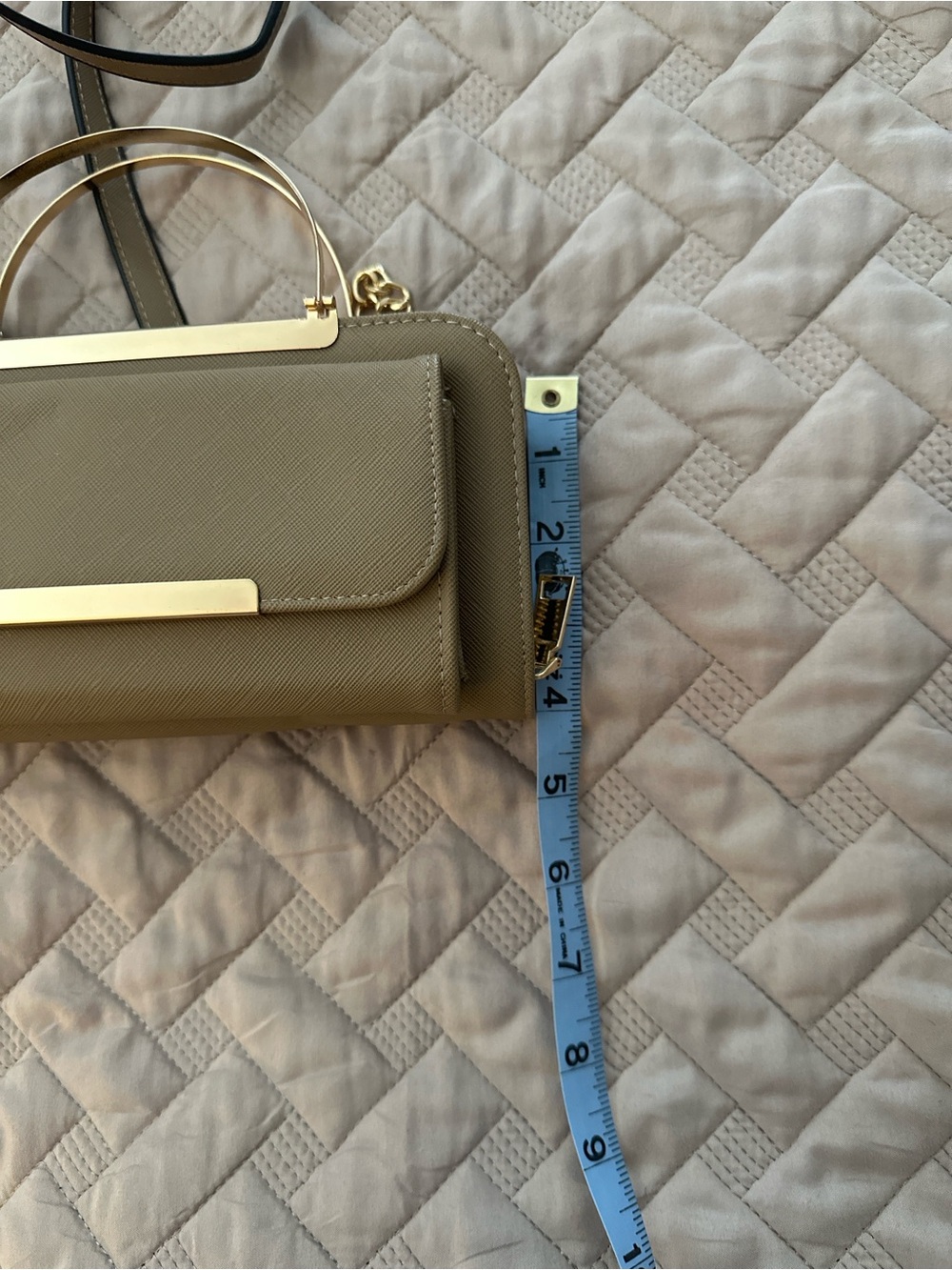 Faux Leather Top Handle Crossbody Clutch Taupe Gold Chain Structured Mini Bag - Picture 9 of 11